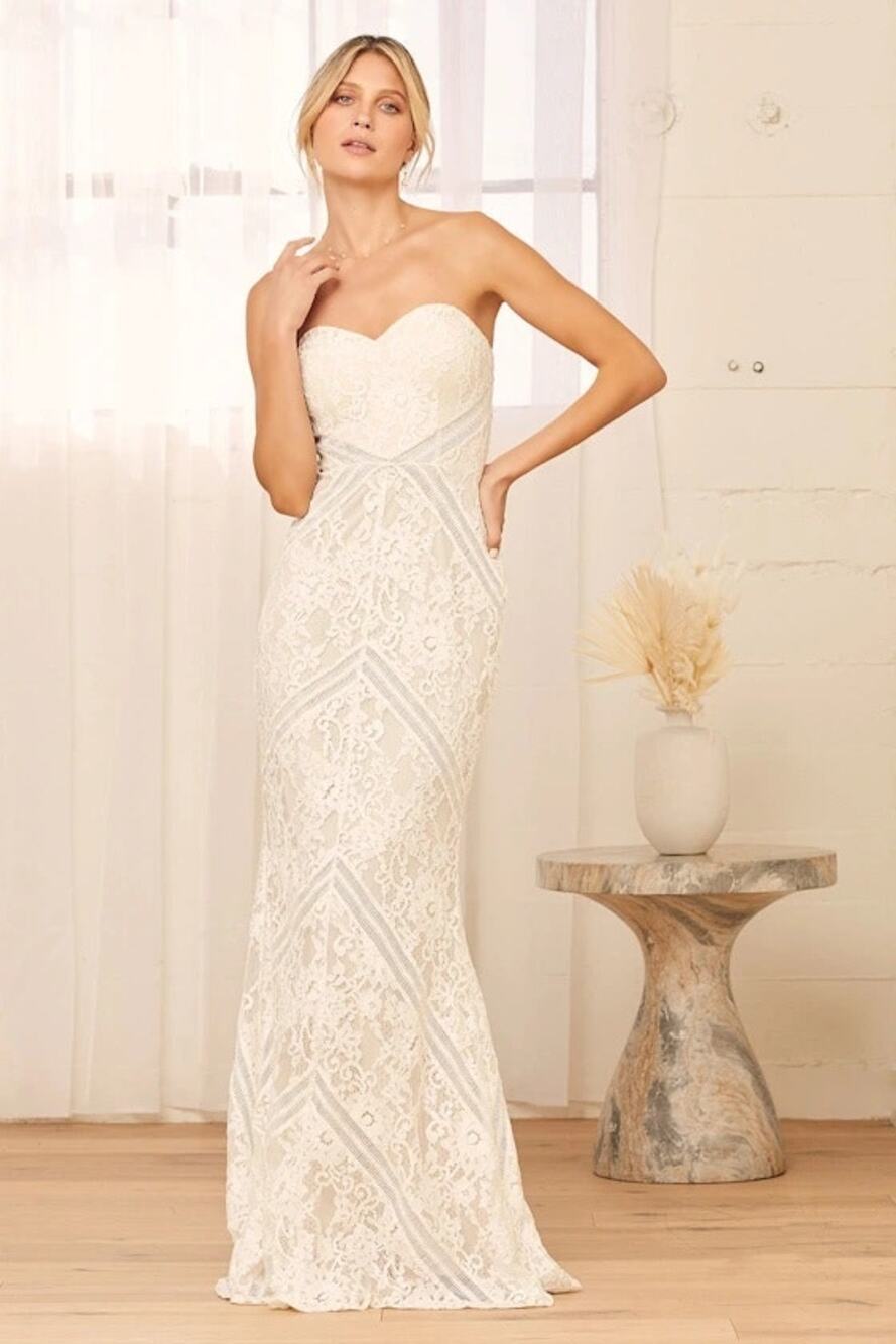 NWT Lulu's Promise My Heart White Lace Strapless Mermaid Maxi Dress XS
